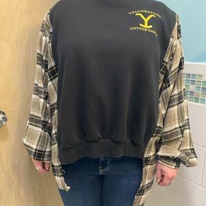 Yellowstone Dutton Ranch Plaid Sleeve High Low Sweatshirt Rework